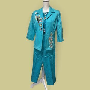Bob Mackie Wearable Art 3 Pc Pant Set XS Butterfly Embroidered Turquoise Y2K